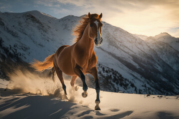 Obraz na płótnie Canvas Generative AI image of a horse running at snow near the mountain. Animal concept