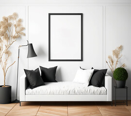 Realistic framed canvas mockup in living room illustration created with Generative AI technology