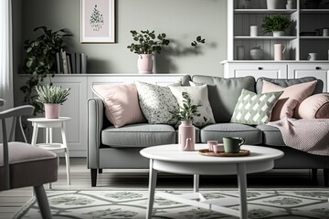 Beautiful living room with white furnishings, patterned rug, modern wooden coffee table, grey couch with pillows, and heather on the shelf. Generative AI