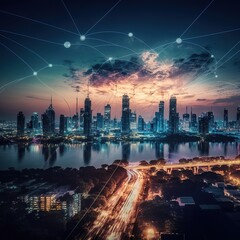 Technology connecting, smart cities connect with the aesthetic and line Complex wave line design and the idea of a big data connection, generative ai 