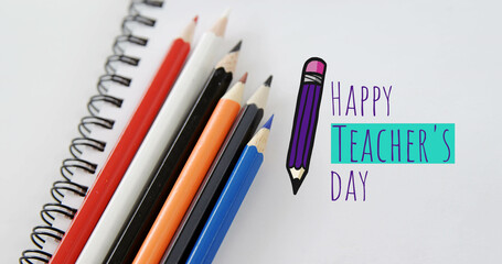 Image of happy teachers day text over pencils and notebook
