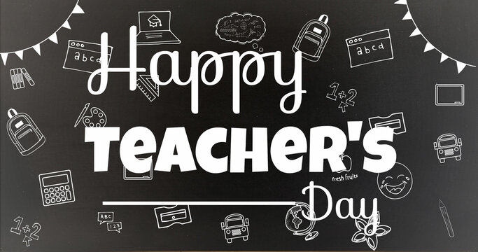 Image of happy teachers day text over school items icons