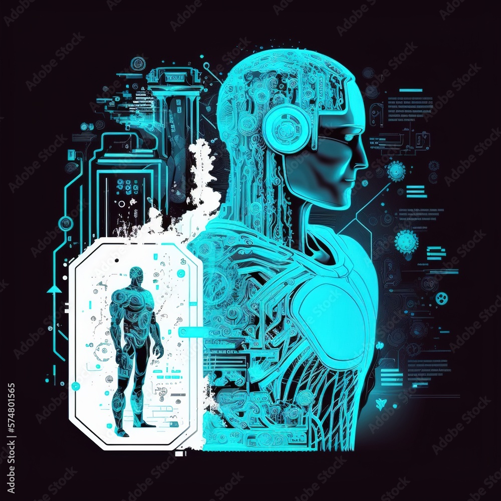 Poster robot hand touching human. the connection for the technological transition and innovation between an