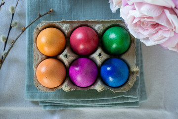 Overhead view of colorful Easter eggs. Happy Easter.
