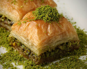 Square Baklava with Pistachio Extreme Close Up 