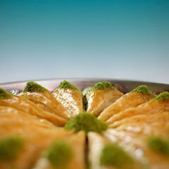 Baklava (Carrot Slice) with Pistachio in Tray Gradient Blue Background