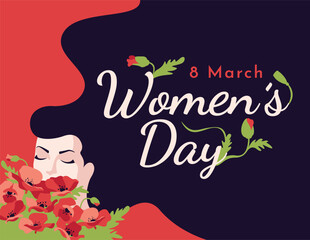 Flat illustration of March 8, with beautiful woman and flowers. International Women's Day vector banner, postcard, flyer template