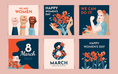 Set of square templates for International Women's Day. Flat vector illustrations of independent woman, March 8th, and flowers.