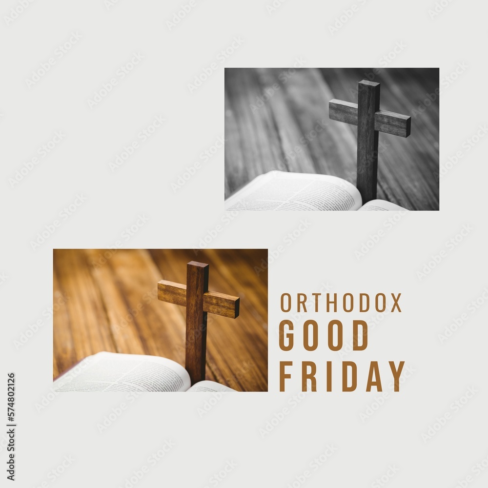 Wall mural collage of cross and bible on table and orthodox good friday text on white background - Wall murals