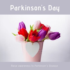 Composite of tulips in vase with parkinson's day and raise awareness to parkinson's disease text