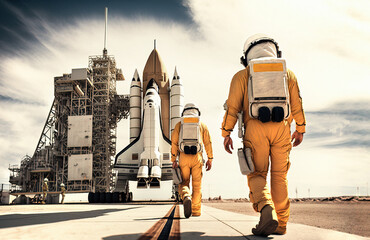 Two unrecognizable astronauts wearing yellow space suits walking to space shuttle on launch pad ready to take off. Generative AI. - obrazy, fototapety, plakaty