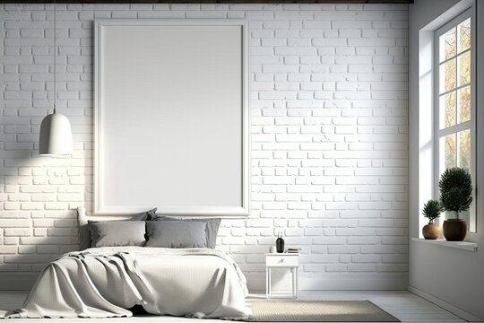 White brick wall imitation in bedroom. Curtain-lit morning light. illustration. Generative AI
