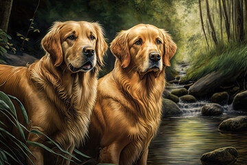 golden retriever dogs at the river made with generative ai