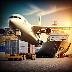 Transportation Logistics of international container cargo shipping and cargo plane in container yard, Freight transportation, generative ai