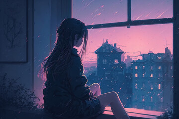 Lonely anime girl sitting on window and looking at the night city. 