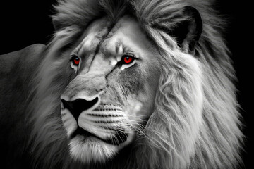 black and white lion with red eyes made with generative ai