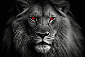 Fototapeta premium black and white lion with red eyes made with generative ai