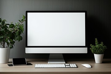 Computer mockup with a blank screen on a wooden desk. Desktop with a blank white screen, workstation, and office supplies. Generative AI