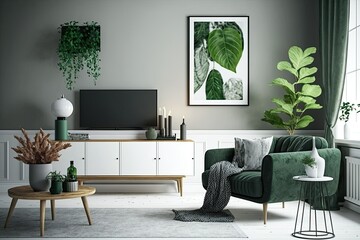 A modern Scandinavian living room with a TV, a bathroom cabinet, a leaf in a vase, a plush pillow, and beautiful decorations. Template. Elegant decor. Generative AI