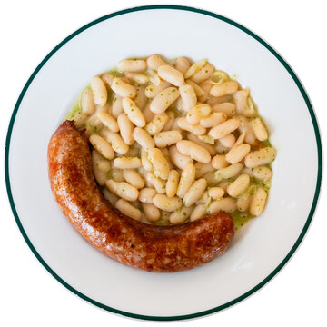 Botifarra amb mongetes, representative dish of Catalan home cooking - traditional fried botifarra sausage served with cooked white beans. Isolated over white background