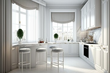 White kitchen corner with aisle, three stools, oven, and large curtains-covered windows. Counters. mockup. Generative AI