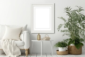 Mockup frame in warm interior of home, living room in coastal style,. Generative AI