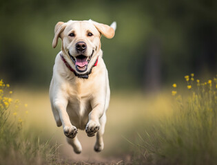 Obraz na płótnie Canvas Active, smile and happy purebred labrador retriever dog outdoors in grass park on sunny summer day.