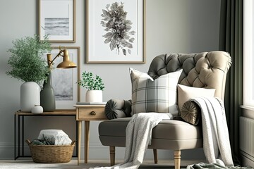 Living room with a sophisticated gray recliner, abstract wall art, vase of flowers, pillow, tartan, and charming personal items. Beige idea. home staging nowadays. Template. Generative AI