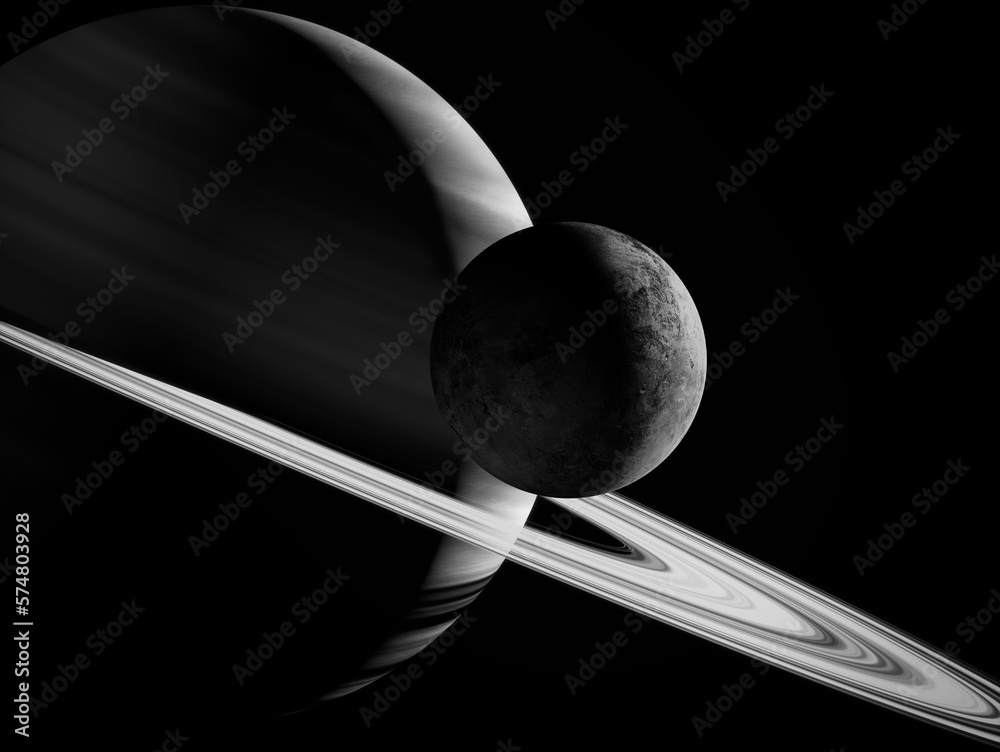 Poster 3d render, gas giant planet in deep space. saturn planet and rings close-up