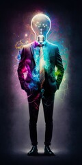 A huge light bulb dressed as a man wearing a suit — colorful lighting. Concept of new ideas and innovation. 
