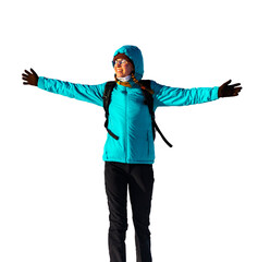 girl in thick jacket, cap and gloves spreads her hands with joy after reaching the top of the mountain, celebrating hiker girl in jacket isolated on transparent background