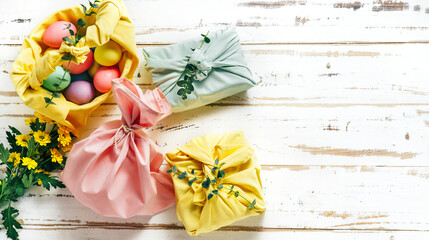 Tissue wrapped presents for Easter. Small business, ethical shopping idea. Presents packed in plastic free. Zero waste lifestyle. Pastel colors