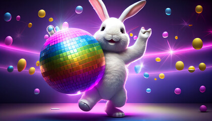 Easter bunny on the dance floor in disco style. Easter eggs are stylized as a disco ball. Generative AI. artificial intelligence work