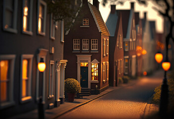 Fototapeta na wymiar A Cozy Dutch Evening: An AI-Generated Render of a Traditional Neighborhood Scene Illuminated by Warm Lamp Light