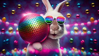 Easter bunny on the dance floor in disco style. Easter eggs are stylized as a disco ball. Generative AI. artificial intelligence work