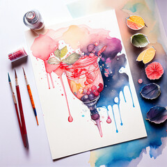 watercolor painting on canvas with some fruits