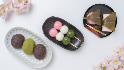 桜と和菓子(ぼたもち・三色団子・桜餅)　春のお花見・お彼岸イメージ