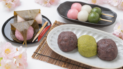 桜と和菓子(ぼたもち・三色団子・桜餅)　春のお花見・お彼岸イメージ