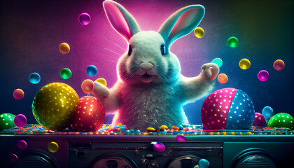 Easter bunny on the dance floor in disco style. Easter eggs are stylized as a disco ball. Generative AI. artificial intelligence work