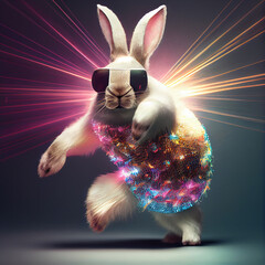 Easter bunny on the dance floor in disco style. Easter eggs are stylized as a disco ball. Generative AI. artificial intelligence work