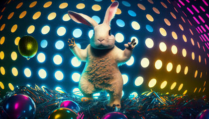 Easter bunny on the dance floor in disco style. Easter eggs are stylized as a disco ball. Generative AI. artificial intelligence work