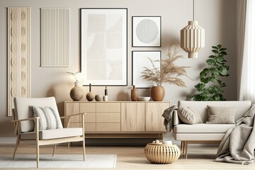Modern beige living room with mock-up poster frame, oak sideboard, and boho-inspired decor. Template. Generative AI
