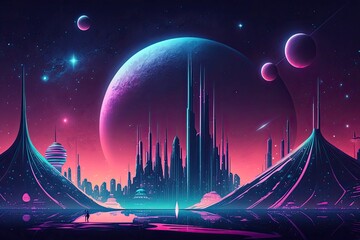 Cosmic city space holographic background. Planet moon violet futuristic abstract landscape Generative AI - obrazy, fototapety, plakaty