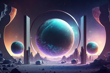 Cosmic city space holographic background. Planet moon violet futuristic abstract landscape Generative AI