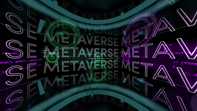 metaverse animation video with hud interface circle footage black background and glowing text words ai writing code