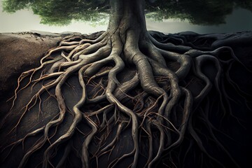 Tree Roots In Soil Close Up, Underground Texture, Illustration. Generative AI