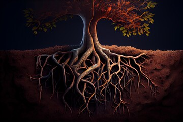 Tree Roots In Soil Close Up, Underground Texture, Illustration. Generative AI