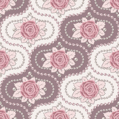 Seamless vintage damask pattern with with pale pink vintage roses, leaves, pearl strings, pearls beads. Classic diagonal background. Vector delicate illustration. Wedding, romantic decoration.