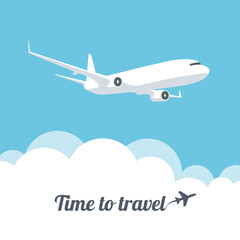 Flying plane in the sky. Time to travel. Airplane trace in trendy flat style isolated on blue background. International transportation. Vector illustration.