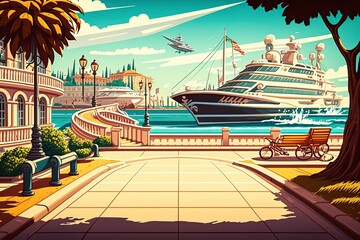 cartoon illustration, summer sea with cruise ship and motorboat in the ocean, ai generative